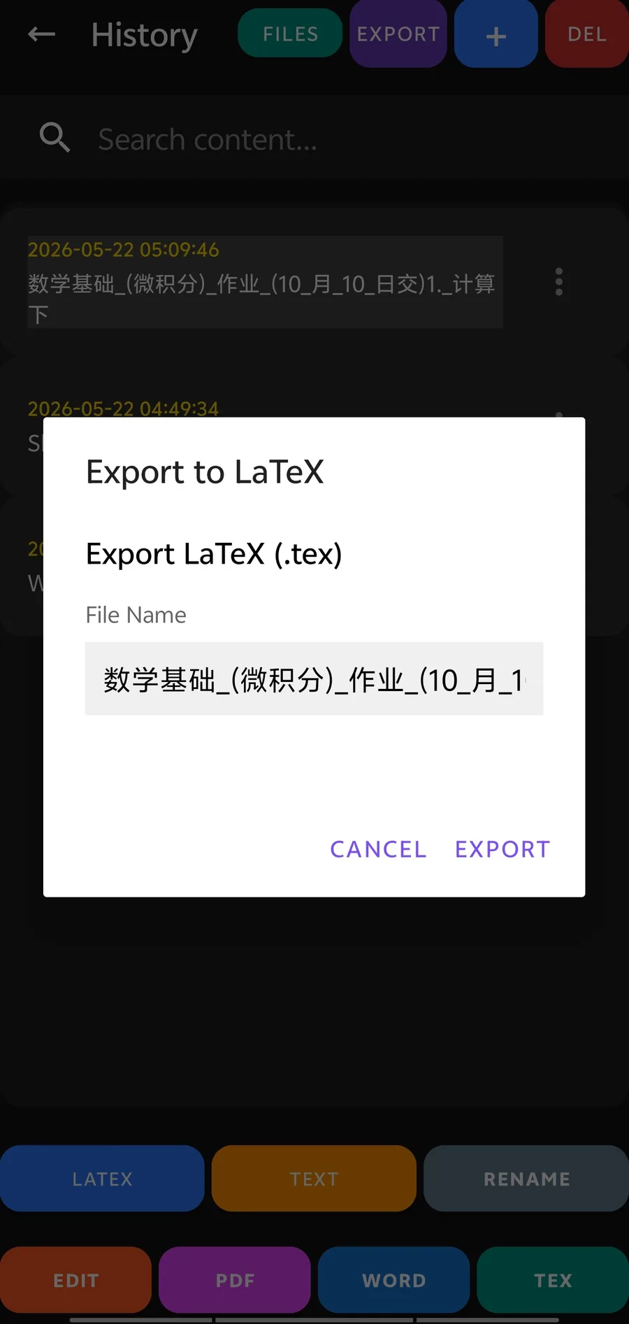 Export to LaTeX dialog in AI Offline Scanner with a math worksheet file name
