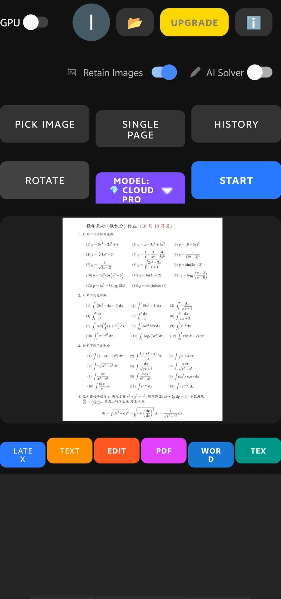 AI Offline Scanner showing a math worksheet scan with export buttons for LaTeX, text, PDF, Word, and TeX
